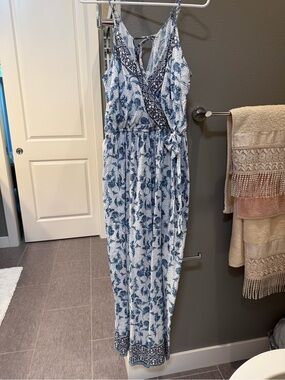 Japna Blue and White Floral Wrap Jumpsuit Romper